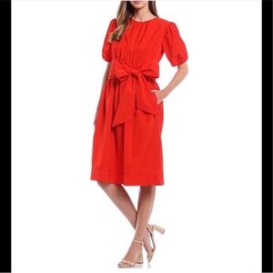 LDT Red Dress Connie Front Tie Short Sleeve Blouson Midi Christmas Dress 12